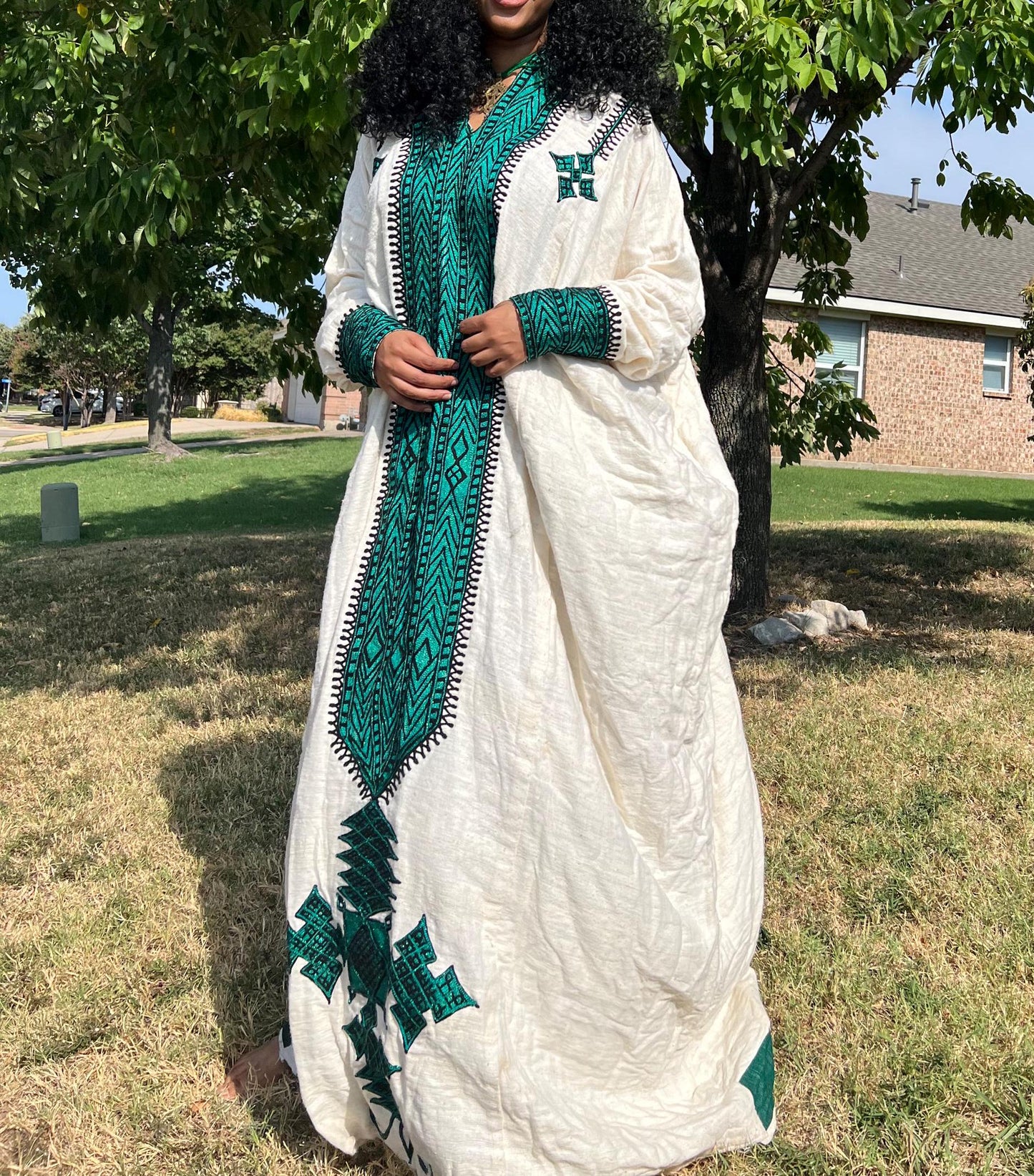 Ethiopian Gondar Fetil Dress: Amhara Green Embroidery