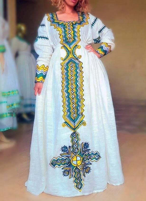 Ethiopian Gondar-Gojam Amhara New Megaz Tilf Design Embroidery Fetil Dress