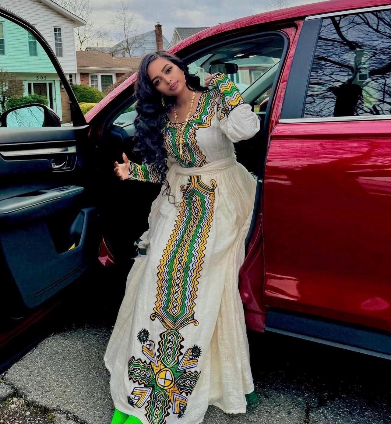Ethiopian Gondar-Gojam Amhara New Megaz Tilf Design Embroidery Fetil Dress