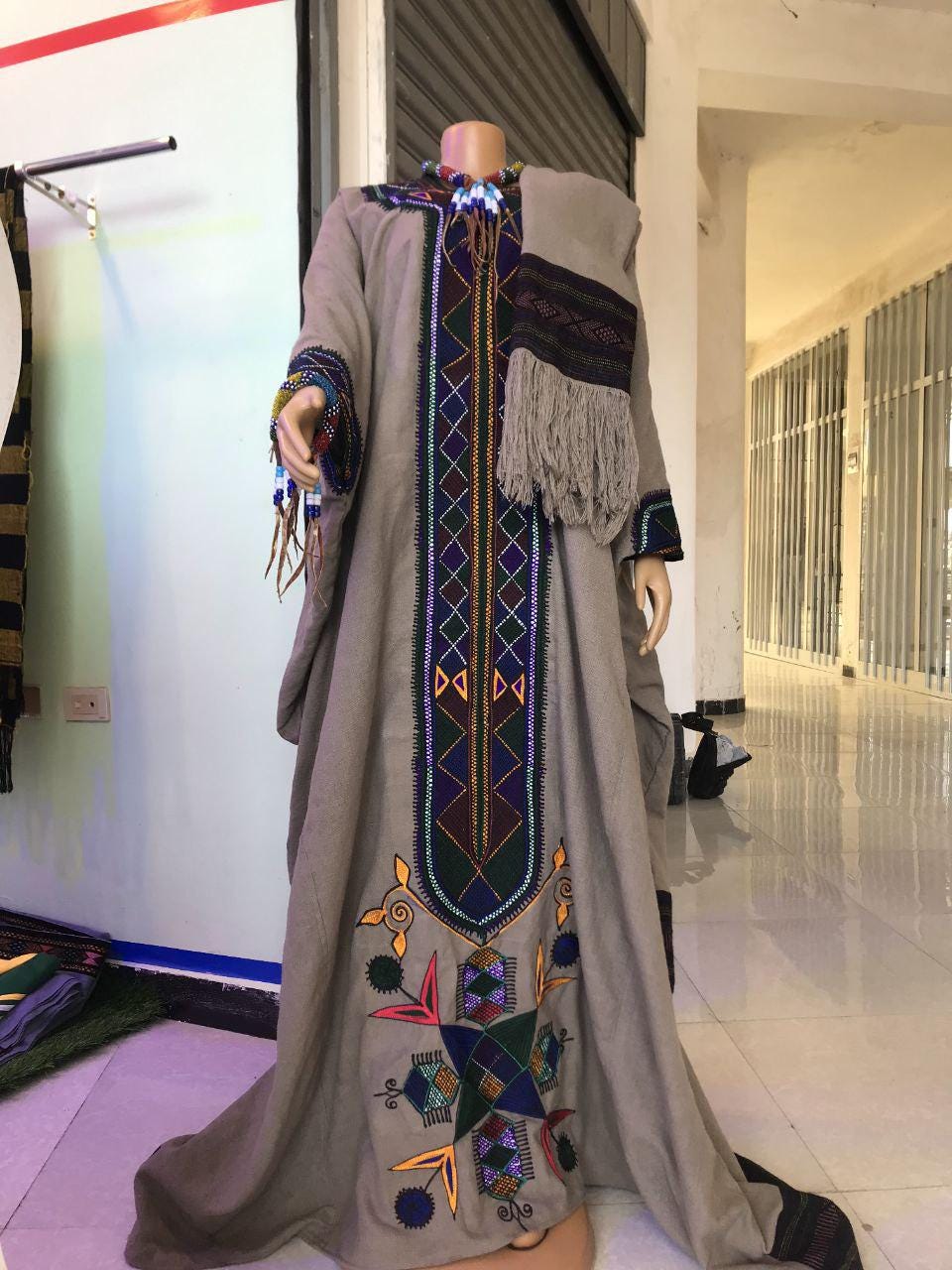 Ethiopian Raya Wollo traditional Grey Fabric Embroidery Habesha Dress