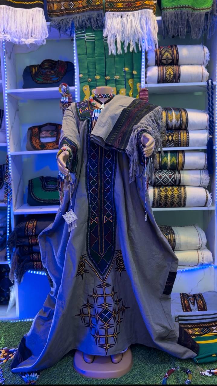 Ethiopian Raya Wollo traditional Grey Fabric Embroidery Habesha Dress