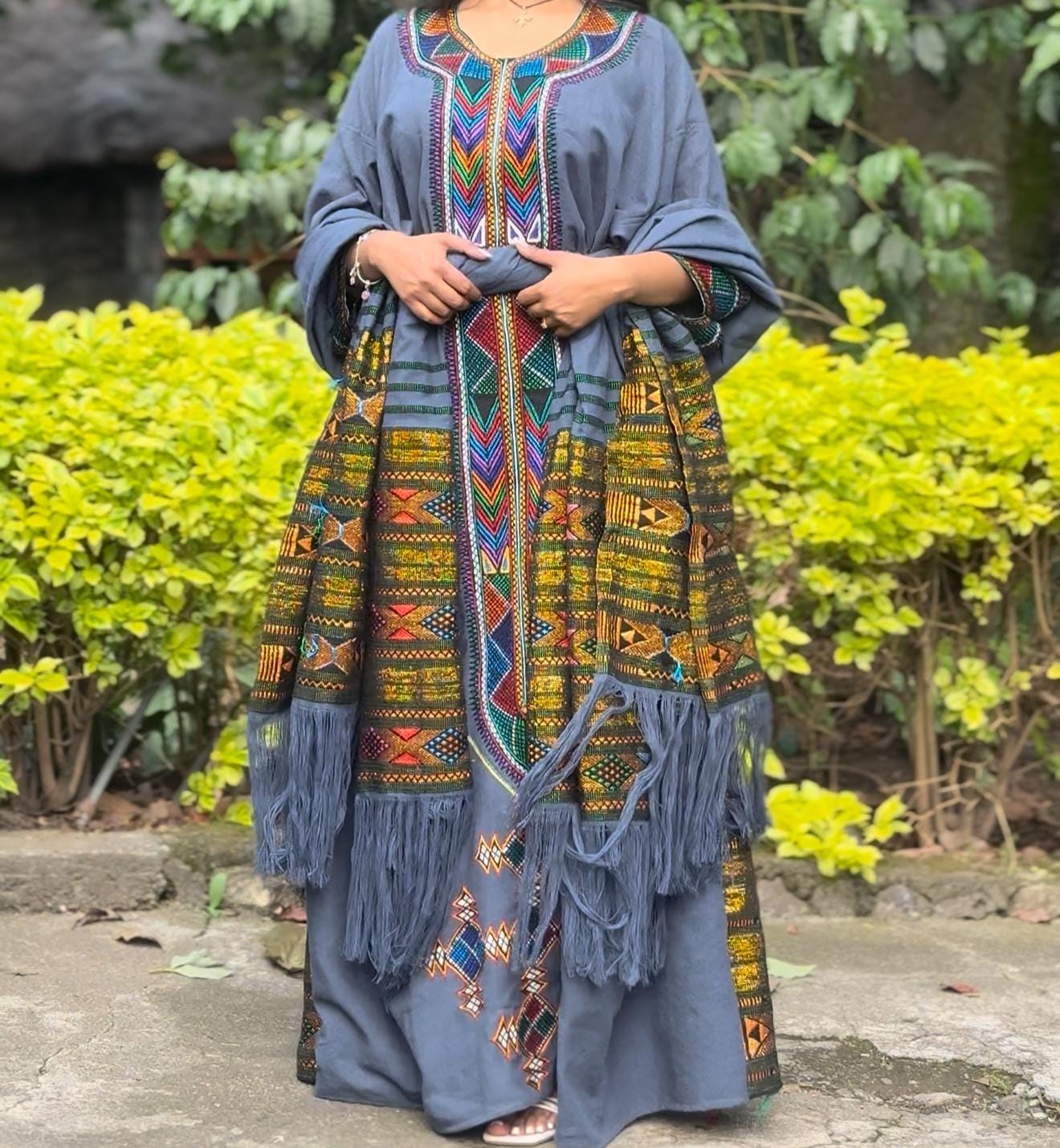 Ethiopian Raya Wollo traditional White Fabric Gumaj Embroidery Habesha Dress