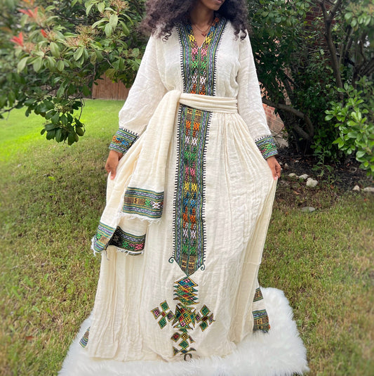 Lakomelza Collection • Ethiopian Wollo Amhara Dir-Mag Fetil White Dress || Habesha Dress