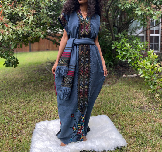 Lakomelza Tilfs • Ethiopian Wollo Raya Fabric Dark Blue Dress
