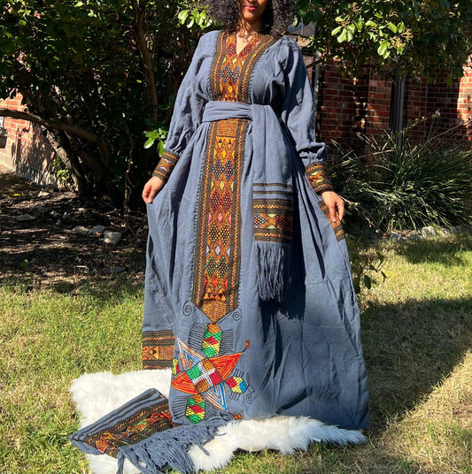 Lakomelza Tilfs • Ethiopian Wollo Amhara Raya Fabric Dark Blue Dress