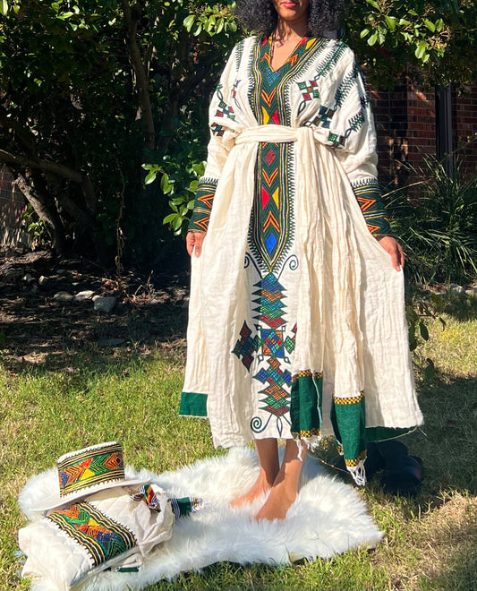 Gondar Fetil Collection • Ethiopian Gondar  Amhara Embroidery White Dress