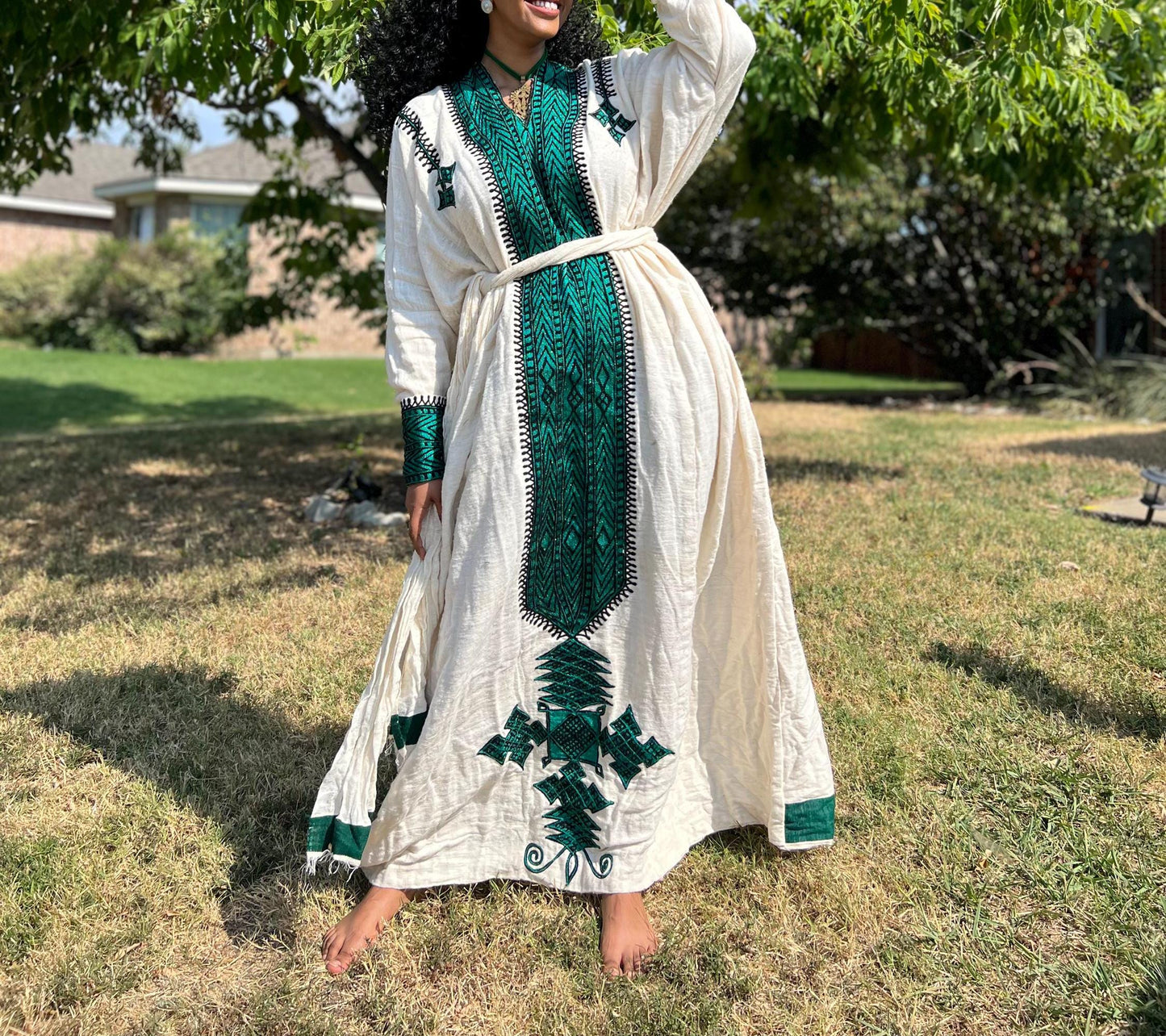 Ethiopian Gondar Fetil Dress: Amhara Green Embroidery