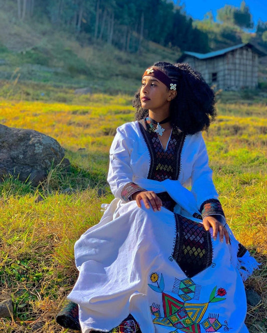 Lakomelza Tilfs • Ethiopian Wollo Amhara Raya Fabric White Dress || Habesha Dress