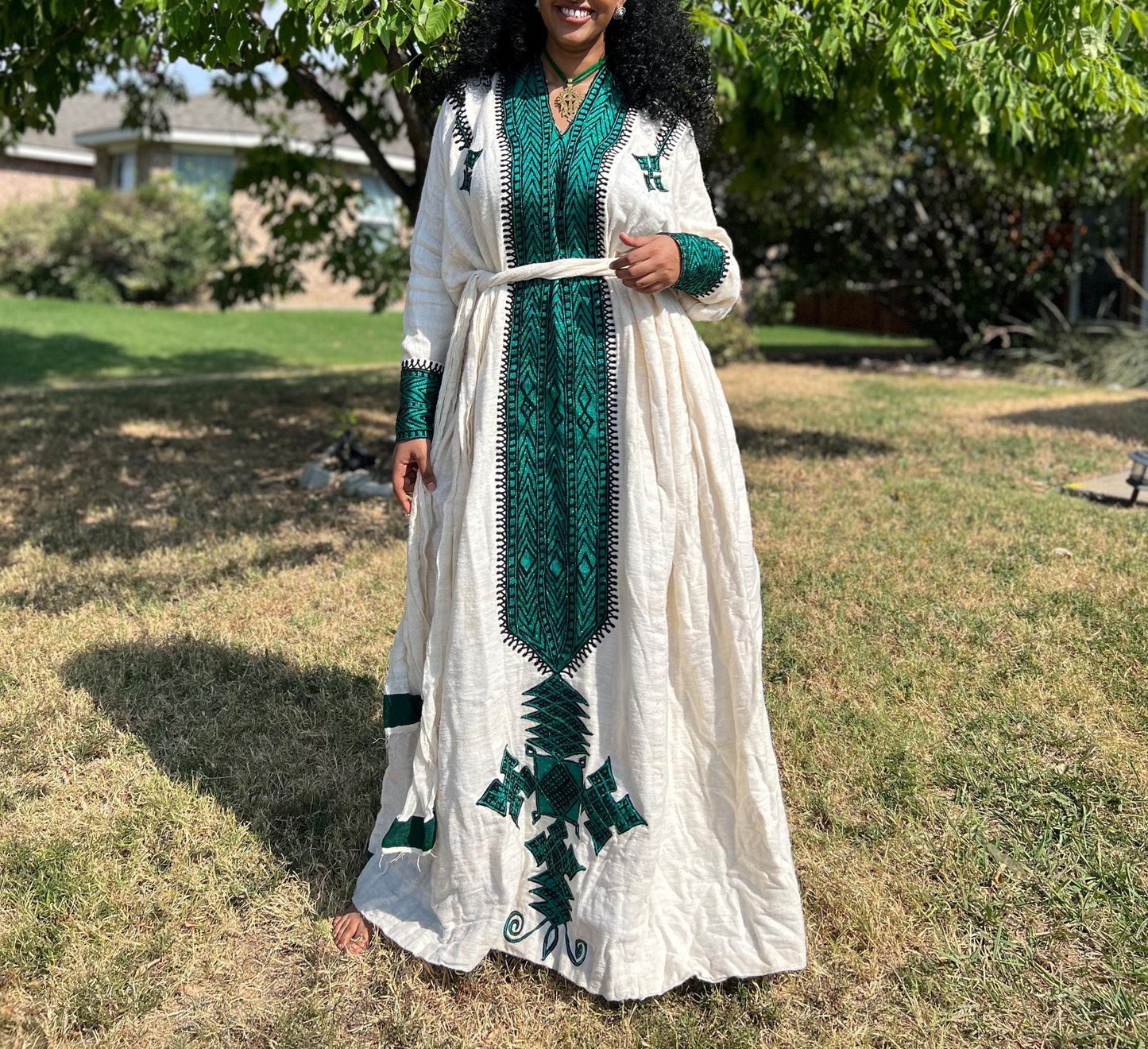 Ethiopian Gondar Fetil Dress: Amhara Green Embroidery