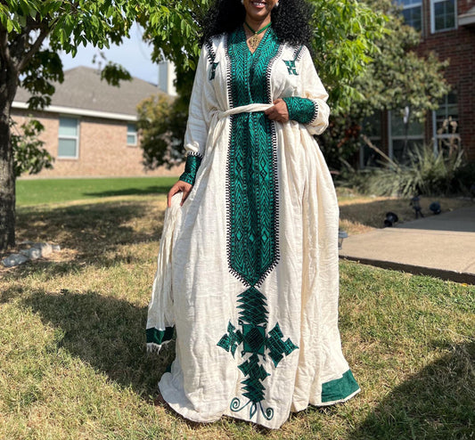Ethiopian Gondar Fetil Dress: Amhara Green Embroidery