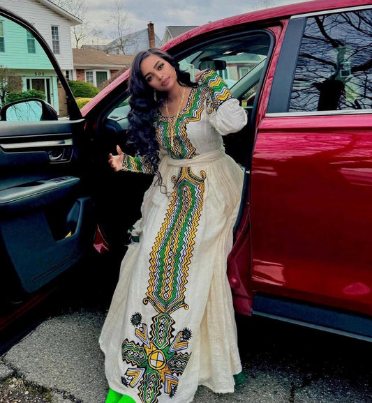 Ethiopian Gondar-Gojam Amhara New Megaz Tilf Design Embroidery Fetil Dress