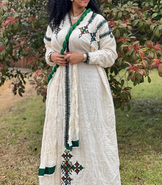 Handmade Ethiopian Dress: Gondar Amhara White Embroidery, Cotton Habesha Gown