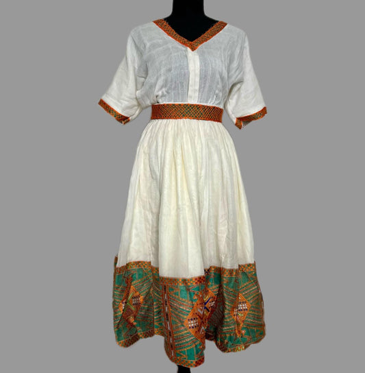 Ethiopian Menen Fabric Elegant Green Tibeb Short Dress