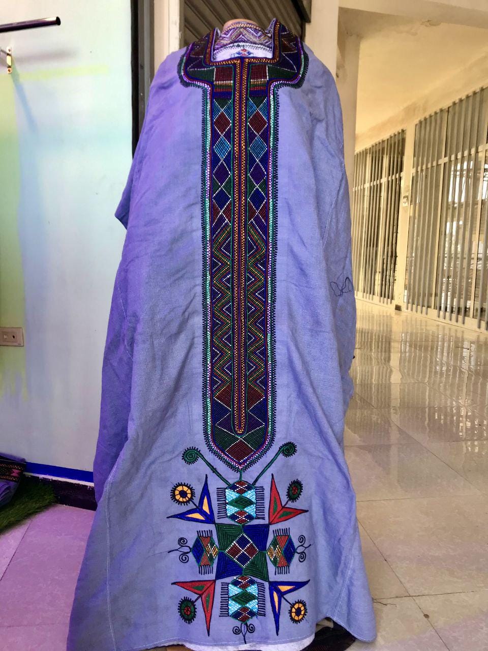 Ethiopian Raya Wollo traditional Light Blue Fabric Embroidery Habesha Dress