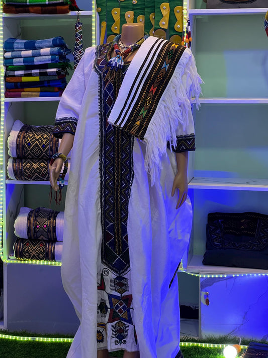 Ethiopian Raya Wollo traditional White Embroidery Habesha Dress
