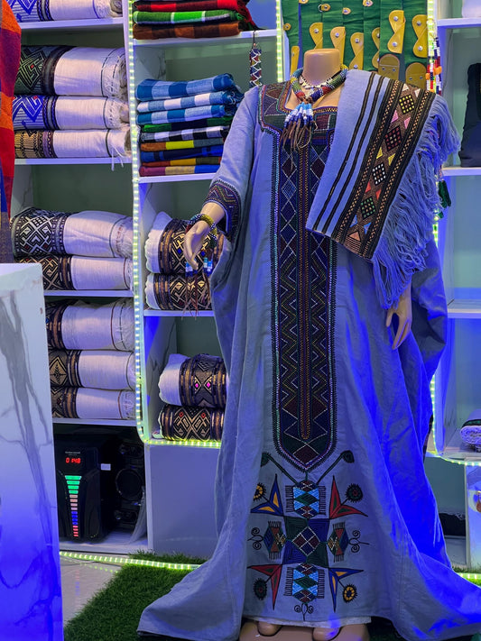 Ethiopian Raya Wollo traditional Light Blue Fabric Embroidery Habesha Dress