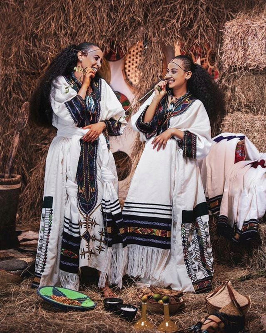 Raya Wollo Ethiopian Traditional White Embroidery Habesha Dress