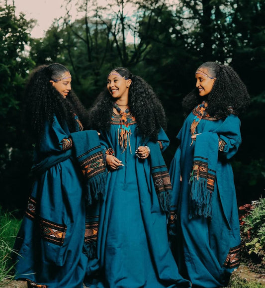 Ethiopian Raya Wollo traditional Dark Blue Fabric Embroidery Habesha Dress
