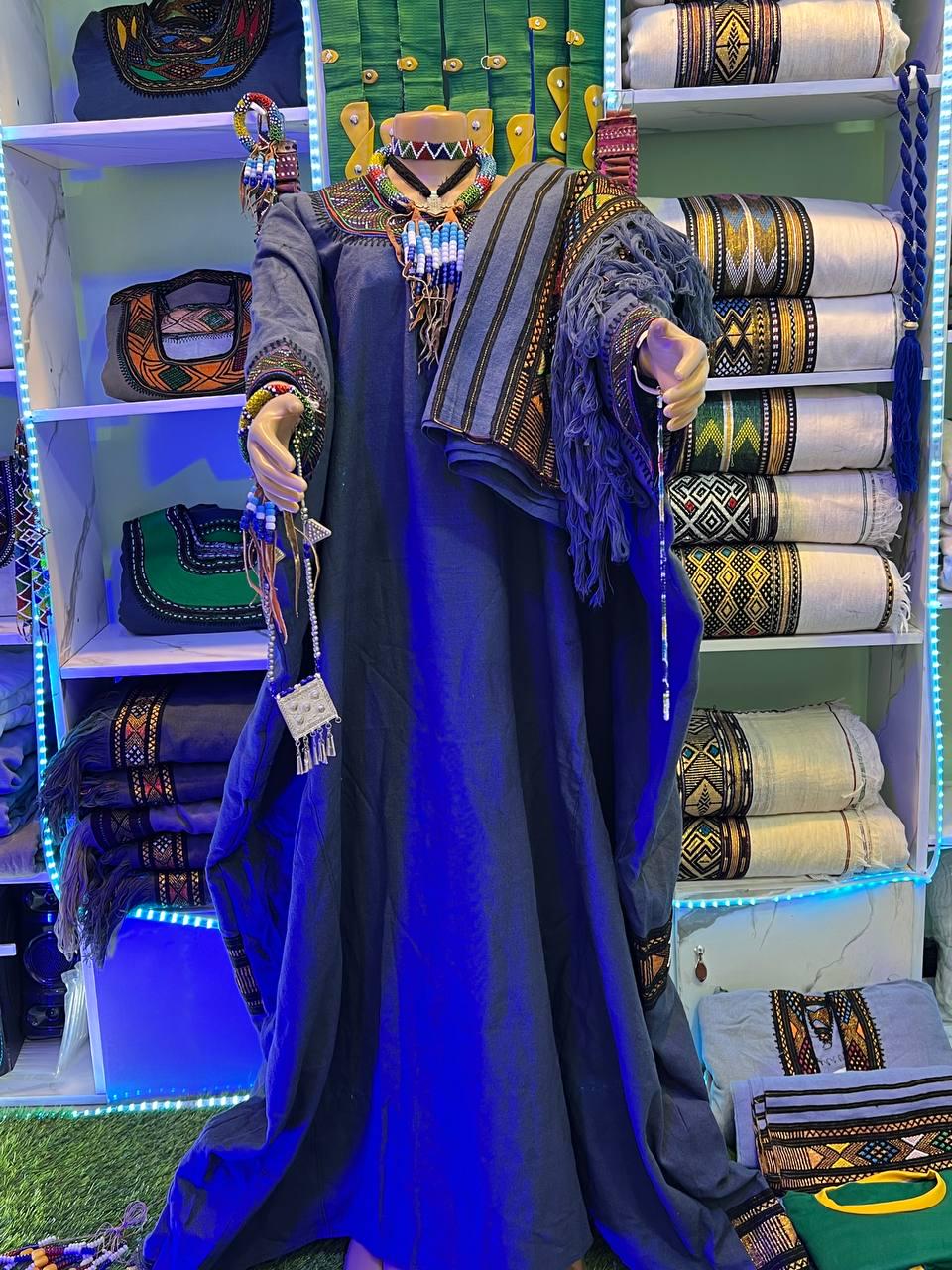 Ethiopian Raya Wollo traditional Dark Blue Fabric Embroidery Habesha Dress