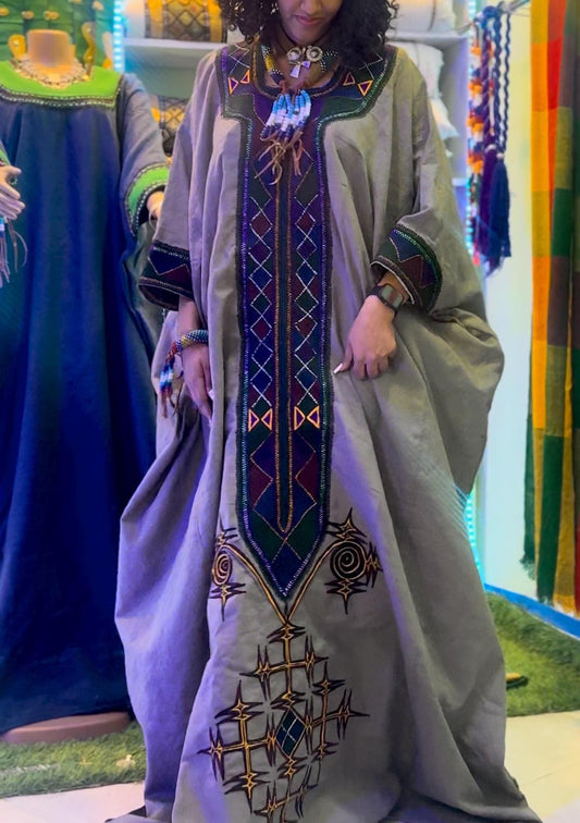 Ethiopian Raya Wollo traditional Grey Fabric Embroidery Habesha Dress