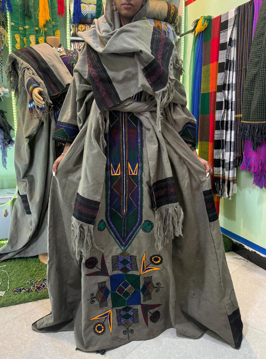 Raya Wollo Light Gray Embroidery Habesha Dress