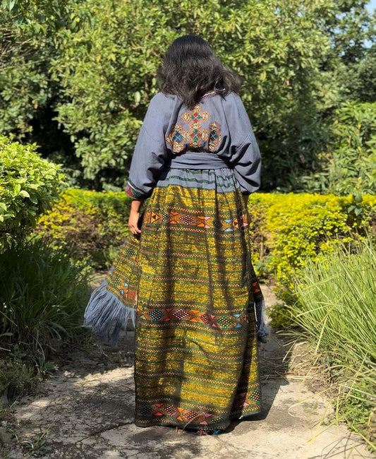Ethiopian Raya Wollo traditional White Fabric Gumaj Embroidery Habesha Dress