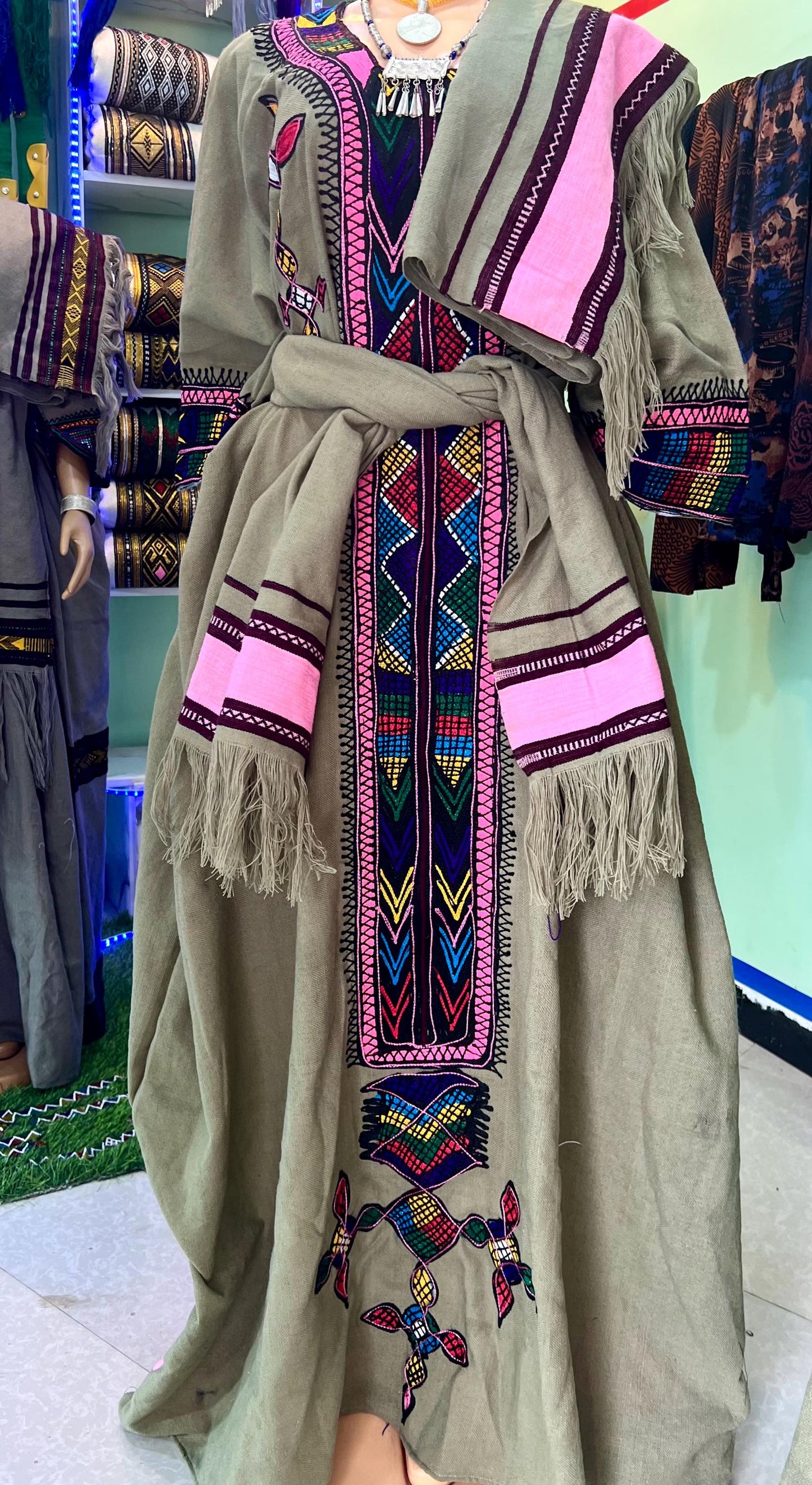 Ethiopian Wollo Light Grey New Pink Embroidery design dress